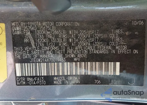 2007 Toyota Highlander Hybrid V6 from USA, damaged, VIN JTEGW21AX70019483